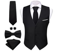 Barry.Wang Men Black Formal Waistcoat V-neck Slim Fit Suit Vest Tie Bowtie Set for Wedding Tuxedo