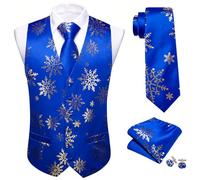 Barry.Wang Men Christmas Vest Blue Gold Xmas Snowflake Festival Funny Waistcoat Tie Set New Year Holiday