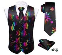 Barry.Wang Men Christmas Vest Red Green Xmas Tree Snow Elk Snowflake Holiday Suit Waistcoat Tie Set New Year Festival, Black Colorful Snow, 3XL