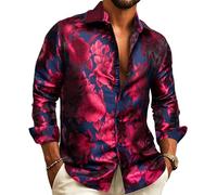 Barry.Wang Men Dress Shirt Silk Luxury Paisley Floral Long Sleeve Big and Tall Wedding Party Casual Business Formal Shirts Gold S-3XL