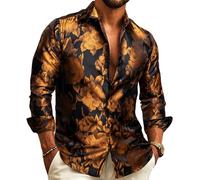 Barry.Wang Men Dress Shirt Silk Luxury Paisley Floral Long Sleeve Big and Tall Wedding Party Casual Business Formal Shirts Gold S-3XL