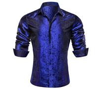 Barry.Wang Men Dress Shirt Silk Luxury Paisley Floral Long Sleeve Big and Tall Wedding Party Casual Business Formal Shirts Blue S-3XL