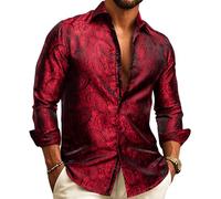 Barry.Wang Men Dress Shirt Silk Luxury Paisley Floral Long Sleeve Big and Tall Wedding Party Casual Business Formal Shirts Red S-3XL