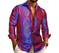 Barry.Wang Men Dress Shirt Silk Luxury Paisley Floral Long Sleeve Big and Tall Wedding Party Casual Business Formal Shirts Gold S-3XL