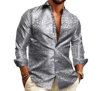 Barry.Wang Men Dress Shirt Silk Luxury Paisley Floral Long Sleeve Big and Tall Wedding Party Casual Business Formal Shirts Silver S-3XL