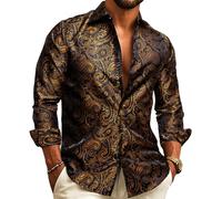 Barry.Wang Men Dress Shirts Paisley Silk Long Sleeve Button Big and Tall Down Shirt Fashion Leisure Wedding Party Prom Gold S-3XL