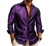 Barry.Wang Men Dress Shirts Paisley Silk Long Sleeve Button Big and Tall Down Shirt Fashion Leisure Wedding Party Prom Purple S-3XL