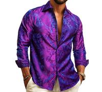 Barry.Wang Men Dress Shirts Paisley Silk Long Sleeve Button Big and Tall Down Shirt Fashion Leisure Wedding Party Prom Purple S-3XL