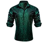 Barry.Wang Men Dress Shirts Paisley Silk Long Sleeve Button Big and Tall Down Shirt Fashion Leisure Wedding Party Prom Green S-3XL