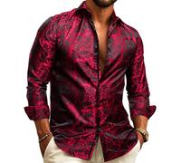 Barry.Wang Men Dress Shirts Paisley Silk Long Sleeve Button Big and Tall Down Shirt Fashion Leisure Wedding Party Prom Red S-3XL