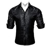 Barry.Wang Men Dress Shirts Paisley Silk Long Sleeve Button Big and Tall Down Shirt Fashion Leisure Wedding Party Prom Black S-3XL
