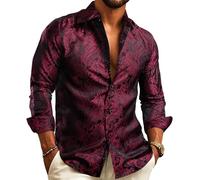 Barry.Wang Men Dress Shirts Paisley Silk Long Sleeve Button Big and Tall Down Shirt Fashion Leisure Wedding Party Prom Red S-3XL
