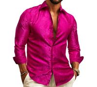 Barry.Wang Men Dress Shirts Paisley Silk Long Sleeve Button Big and Tall Down Shirt Fashion Leisure Wedding Party Prom Red S-3XL
