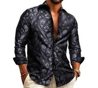 Barry.Wang Men Shirts,Paisley Flower Woven Silk Dress Shirt Long Sleeve Big and Tall , Black Grey, Small -B(20.5 )/W(19.5 )/ SW(17.5 )