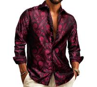 Barry.Wang Men Shirts,Paisley Flower Woven Silk Dress Shirt Long Sleeve Big and Tall , Black Red, Xlarge- B(24 inch)/W(23 inch)/ SW(19.5 inch)