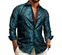 Barry.Wang Men Shirts,Paisley Flower Woven Silk Dress Shirt Long Sleeve Big and Tall, Xlarge- B(24 inch)/W(23 inch)/ SW(19.5 inch),Teal