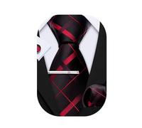 Barry.Wang Men Tie Stripe Plaid Silk Ties Pocket Sqaure Cufflink Tie-Clip 4PCS Set Classic Business Wedding Necktie (Black Red Checker)