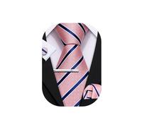 Barry.Wang Men Tie Stripe Plaid Silk Ties Pocket Sqaure Cufflink Tie-Clip 4PCS Set Classic Business Wedding Necktie (Pink and Navy)
