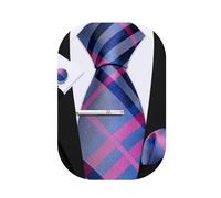 Barry.Wang Men Tie Stripe Plaid Silk Ties Pocket Sqaure Cufflink Tie-Clip 4PCS Set Classic Business Wedding Necktie (Pink Blue Grey)