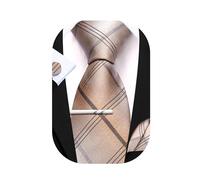 Barry.Wang Men Tie Stripe Plaid Silk Ties Pocket Sqaure Cufflink Tie-Clip 4PCS Set Classic Business Wedding Necktie (Light Brown White)