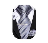 Barry.Wang Men Tie Stripe Plaid Silk Ties Pocket Sqaure Cufflink Tie-Clip 4PCS Set Classic Business Wedding Necktie (Bright Light Grey)