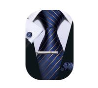 Barry.Wang Men Tie Stripe Plaid Silk Ties Pocket Sqaure Cufflink Tie-Clip 4PCS Set Classic Business Wedding Necktie (Blue and Brown Stripe)