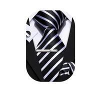 Barry.Wang Men Tie Stripe Plaid Silk Ties Pocket Sqaure Cufflink Tie-Clip 4PCS Set Classic Business Wedding Necktie (White and Black Pin Stripe)