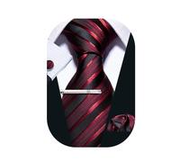 Barry.Wang Men Tie Stripe Plaid Silk Ties Pocket Sqaure Cufflink Tie-Clip 4PCS Set Classic Business Wedding Necktie (Black and Red Shine)
