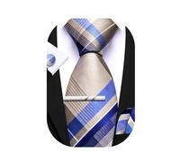 Barry.Wang Men Tie Stripe Plaid Silk Ties Pocket Sqaure Cufflink Tie-Clip 4PCS Set Classic Business Wedding Necktie (Off-white blue)