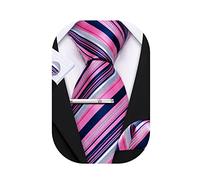 Barry.Wang Men Tie Stripe Plaid Silk Ties Pocket Sqaure Cufflink Tie-Clip 4PCS Set Classic Business Wedding Necktie (Pink stripe tie)