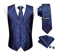 Barry.Wang Men Vest Set Paisley Floral Silk 5PCS Waistcoat Tie Handkerchief Cufflink Clip Casual Business Dress