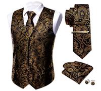 Barry.Wang Men Vest Set Paisley Floral Silk 5PCS Waistcoat Tie Handkerchief Cufflink Clip Casual Business Dress