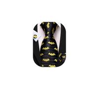 Barry.Wang Mens Bat Ties Black Yellow Silk Necktie Pocket Square Cufflinks Set Fun Animals Party