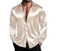 Barry.Wang Men's Beige Stretch Solid Shirts Satin Long Sleeve Button Down Dress Shirts Formal Casual Business Prom Party