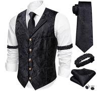 Barry.Wang Mens Black Flower Waistcoat Lapel Collar Paisley Silk Suit Vest tie Sleeve Holder Set Casual Prom