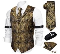 Barry.Wang Mens Black Gold Paisley Waistcoat Lapel Collar Silk Suit Vest