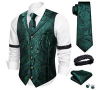 Barry.Wang Mens Black Green Suit Waistcoat Lapel Collar Paisley Silk Vest tie Sleeve Holder Set Casual Party
