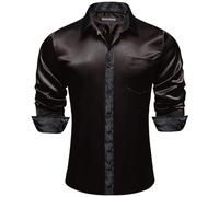 Barry.Wang Men's Black Paisley Collar Shirts Long Sleeve Dress Stretch Button Down Satin Shirts Formal Casual Business