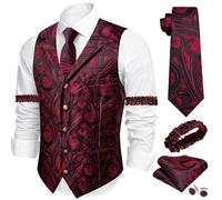 Barry.Wang Mens Black Red Paisley Waistcoat Lapel Collar Silk Suit Vest tie Sleeve Holder Set Casual Party