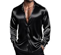 Barry.Wang Men's Black Shirts Long Sleeve Dress Shirt Stretch Solid Button Down Satin Shirt Formal Casual Business Wedding
