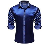 Barry.Wang Men's Blue Paisley Collar Shirts Long Sleeve Dress Stretch Button Down Satin Shirts Formal Casual Business