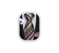 Barry.Wang Mens Brown Tie Tartan 63inch Extra Long Checked Silk Necktie Pocket Square Cufflinks Set Classic Wedding Formal