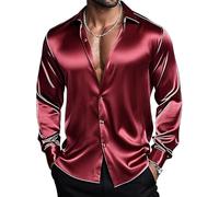 Barry.Wang Men's Burgundy Shirts Long Sleeve Dress Shirt Stretch Button Down Satin Shirt Formal Casual Business Wedding