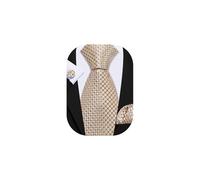 Barry.Wang Mens Champagne Tie Silk Tartan Stripe Necktie Handkerchief Cufflinks Set Formal Wedding