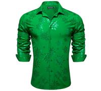 Barry.Wang Men's Christmas Dress Shirts Long Sleeve Luxury Shiny Shirt Party Snowflake Fashion Halloween Print Tops Xmas, Dark Green Gold Snowflake Pattern, Medium