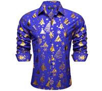 Barry.Wang Men's Christmas Shirts Luxury Gold Shiny Dress Shirts Print Long Sleeve for Men Party Festival Halloween Print Tops Xmas