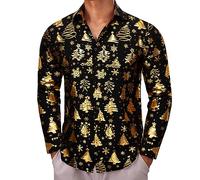 Barry.Wang Men's Christmas Shirts Luxury Gold Shiny Dress Shirts Print Long Sleeve for Men Party Festival Halloween Print Tops Xmas