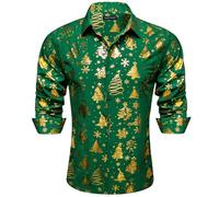 Barry.Wang Men's Christmas Shirts Luxury Gold Shiny Dress Shirts Print Long Sleeve for Men Party Festival Halloween Print Tops Xmas