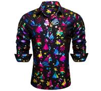 Barry.Wang Men's Christmas Shirts Luxury Gold Shiny Dress Shirts Print Long Sleeve for Men Party Festival Halloween Print Tops Xmas
