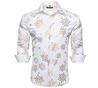 Barry.Wang Men's Christmas Shirts Luxury Gold Shiny Dress Shirts Print Long Sleeve for Men Party Festival Halloween Print Tops Xmas